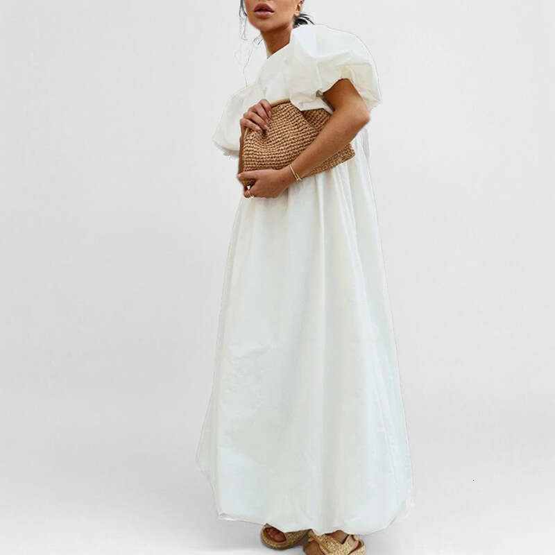 2025 Spring/Summer New Women's Round Neck Bubble Sleeve Solid Color Loose Style Dress For Women KLMY