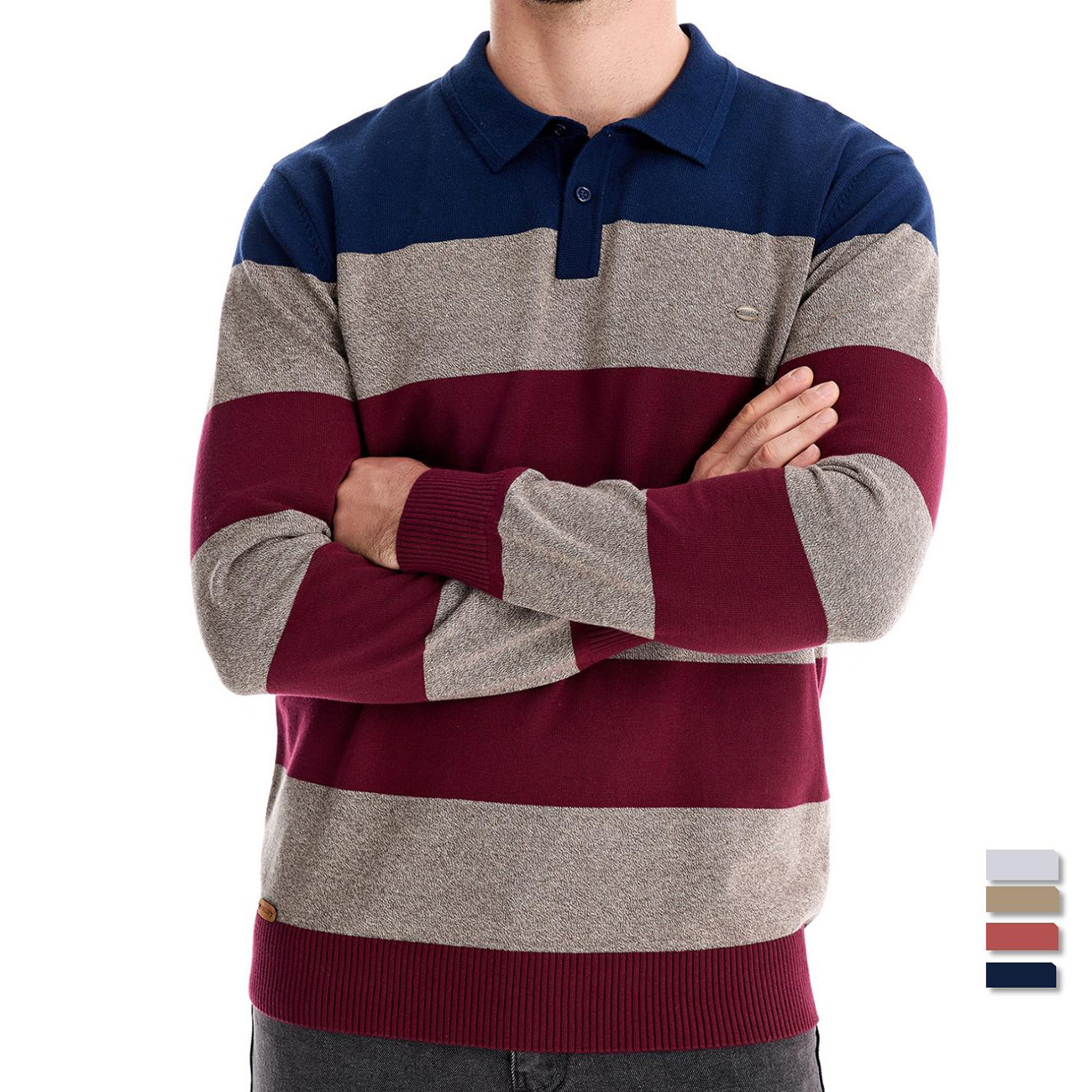 fashion Autumn New Long Sleeved POLO Collar Slim Fit Lapel Striped Patchwork Men's European Size Knitted Sweater