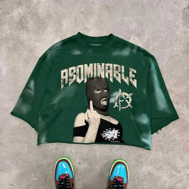 Y2K Trend American Hip-hop Punk Portrait Graphic Print Super Green T-shirt Mens and Womens T-neck Cotton Short Shirt 250310