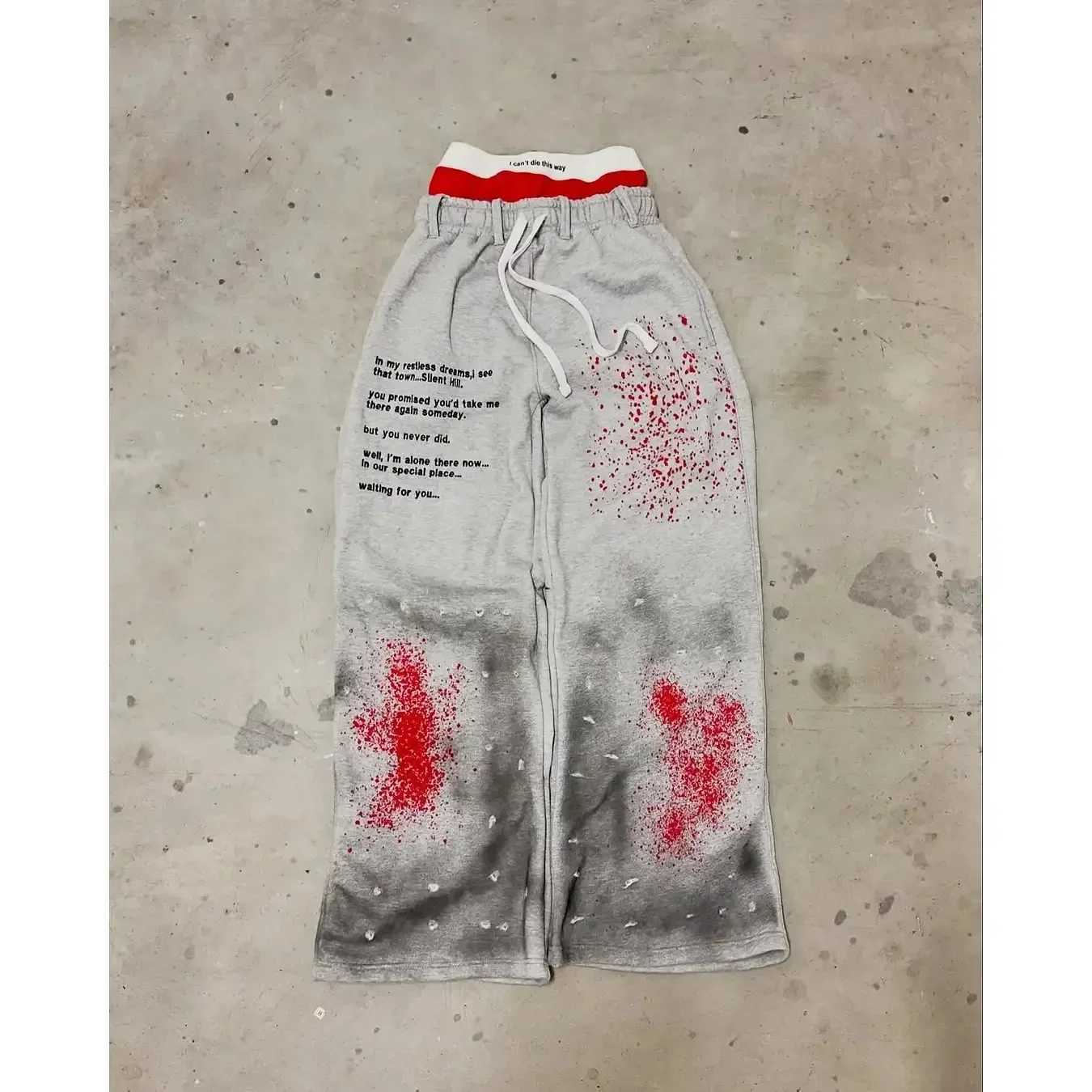 Men Street Stain Staining Hip Hop Fashion Double Waist Pants High waisted Jogger Drawstring Sweatpants Y2K Baggy Cargo TrousersT250311