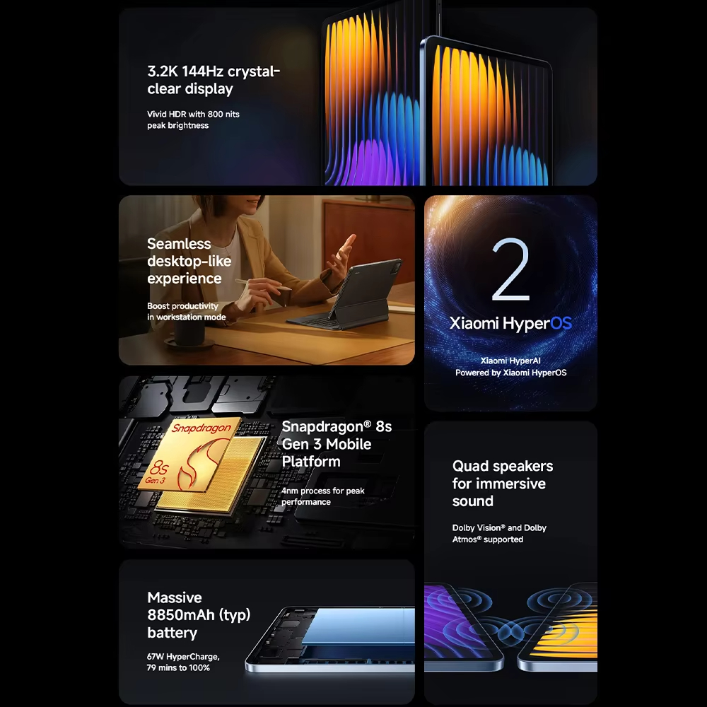 Global Version Xiaomi Pad 7 Pro Snapdragon 8s Gen 3 Xiaomi HyperOS 2 67W 8850mAh Battery 11.2" 3.2K 144Hz crystal-clear display