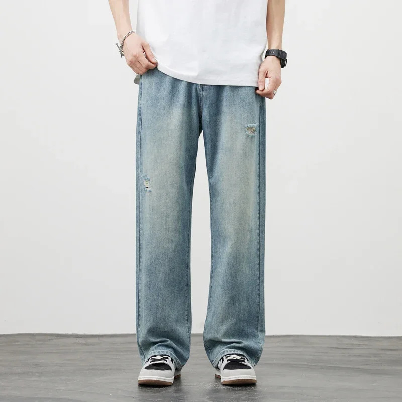 Korea Baggy Jeans Mens Vintage Straight Ripped Y2k Pants Fashion Frayed High Street Distressed Denim Trousers Male Clothes 250311