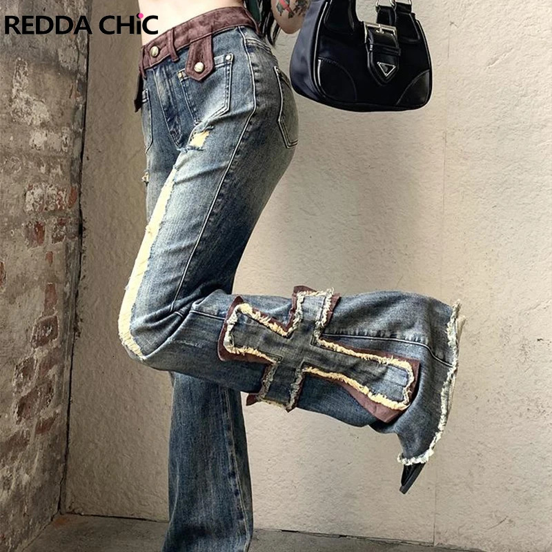 ReddaChic Cross Patchwork Bootcut Pants for Women Destroyed High Rise Slim Trousers Y2k Flare Jeans 90s Retro Korean Streetwear 250306
