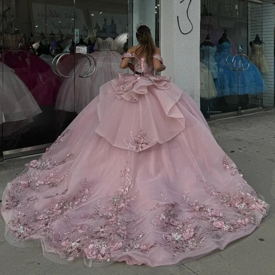 Sparkling Pink Sweetheart Quinceanera Dress 2025 Off the Shoulder Appliques Beads Party Sweet 16 Ball Gown Graduation Prom Gowns