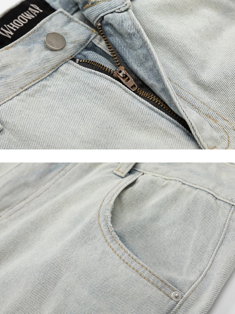 Mens Multipocket Cargo Jeans Baggy Straight Classic Light Blue Denim Pants Streetwear Hip Hop High Street Male Trousers 250311