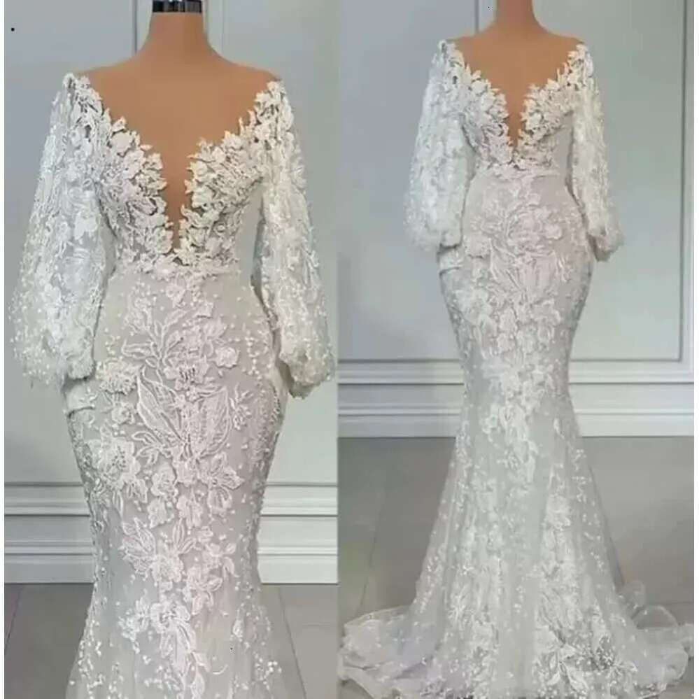 Sleeve Long Mermaid Wedding Dresses Sheer Neck Full Lace Ral Beaded African Trumpet Fishtail Beach Aso Ebi Bridal Gowns Custom Made