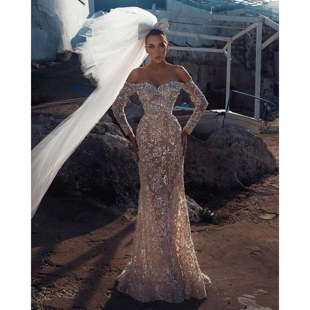 Essential Off Shoulder Beading Long Sleeve, Lace Bridal Dresses, Up To The Floor, Glitter