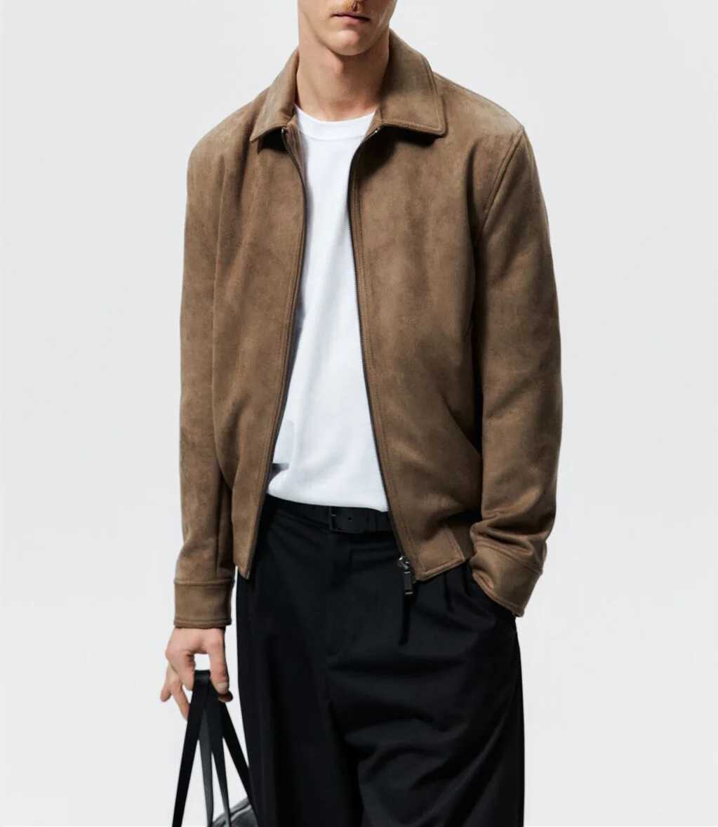 Mens Suede Texture Effect Zipper Jacket Fashion Casual Lapel Outerwear Tops for MenT250311
