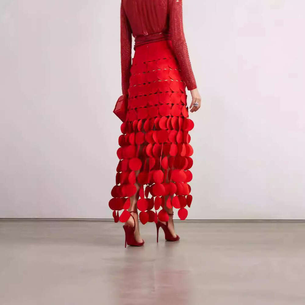 Australian New Long With High-End Design, Hollowed Out Circular Fringe, High Waist, Solid Color, Hip Hugging Skirt