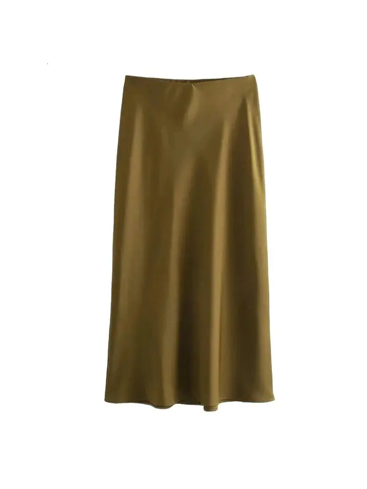 TRZAWomens Flowing Satin Midi Skirt High Waist With Elastic Waistband Female Skirts Chic Fashion 250311