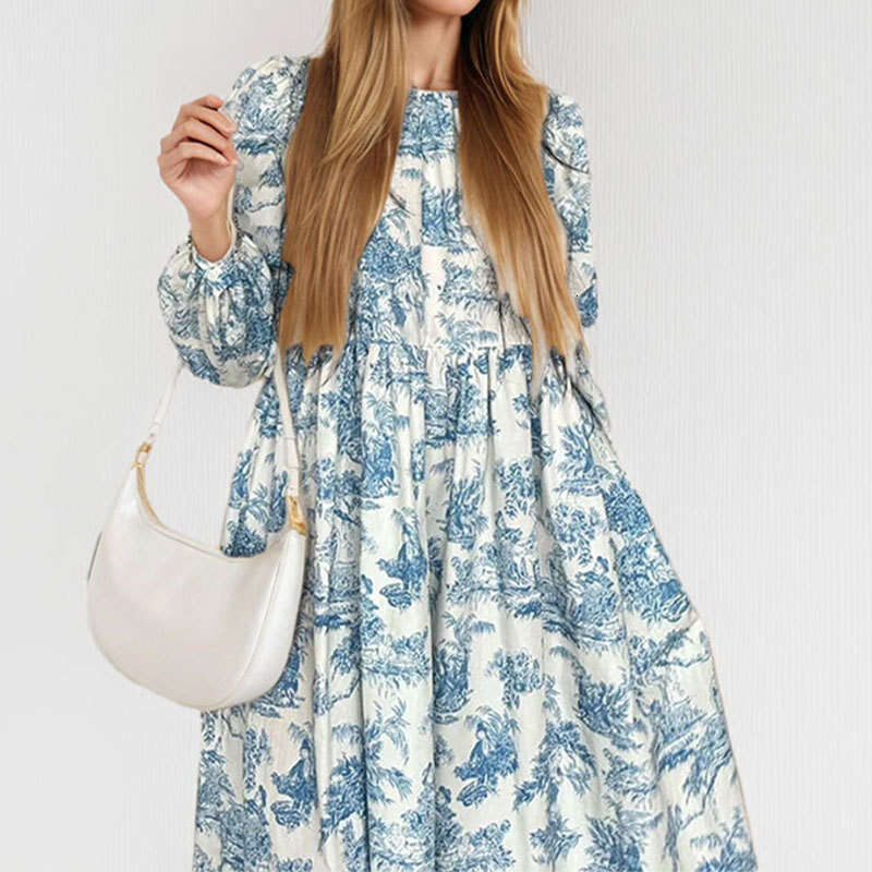 2025 Women's Fashion New Printed Skirt Elegant Lantern Sleeve V-Neck Big Swing Dress KLMY