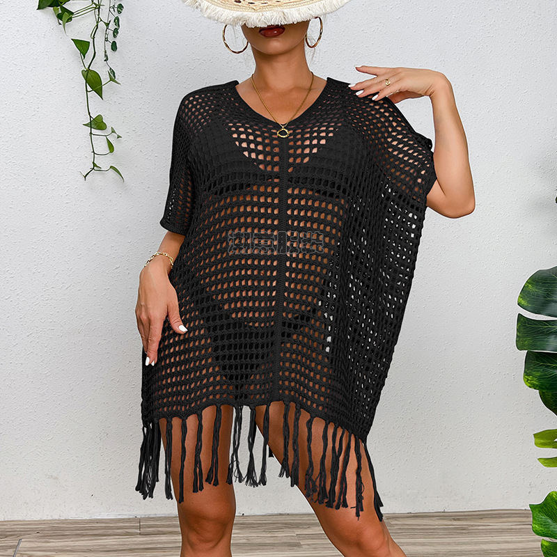 Beach Vacation Sexy Loose Fitting Pullover Tassel Hollowed Out See Through Sunscreen Suit Bikini Beach Cover