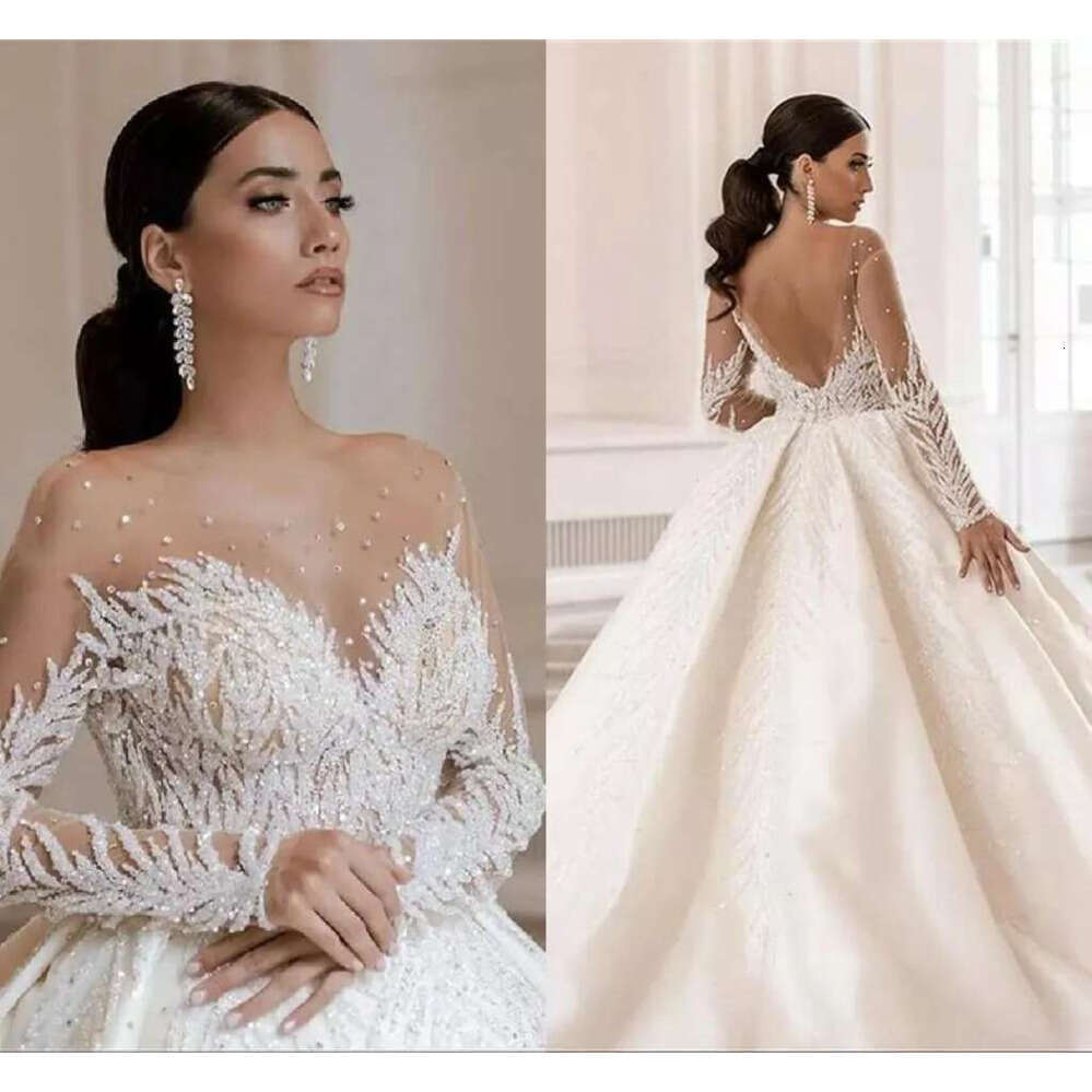 Arabic Dubai Beads Crystals Ball Gown Dresses Vestido De Noiva Soft Tulle Long Sleeve Wedding Bridal Gowns