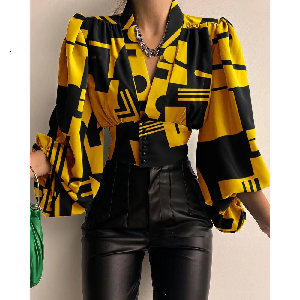 Heat resistant short top for women with fashionable buttons Vneck lantern sleeves Tshirt womens clothing printed shirt 250311