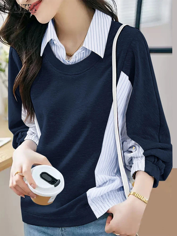 ZANZEA Womens Sweatshirts Spring Casual Stripe Shirt Two Pieces Tops Elegant Long Sleeve Patchwork Blouse Female Work Blouses 250311