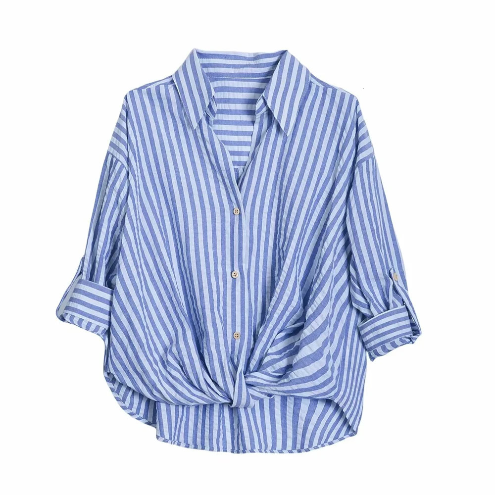 Summer Product Womens Casual Collar Curled Edge Long Sleeve Linen Blended Striped Dress Shirt 250310