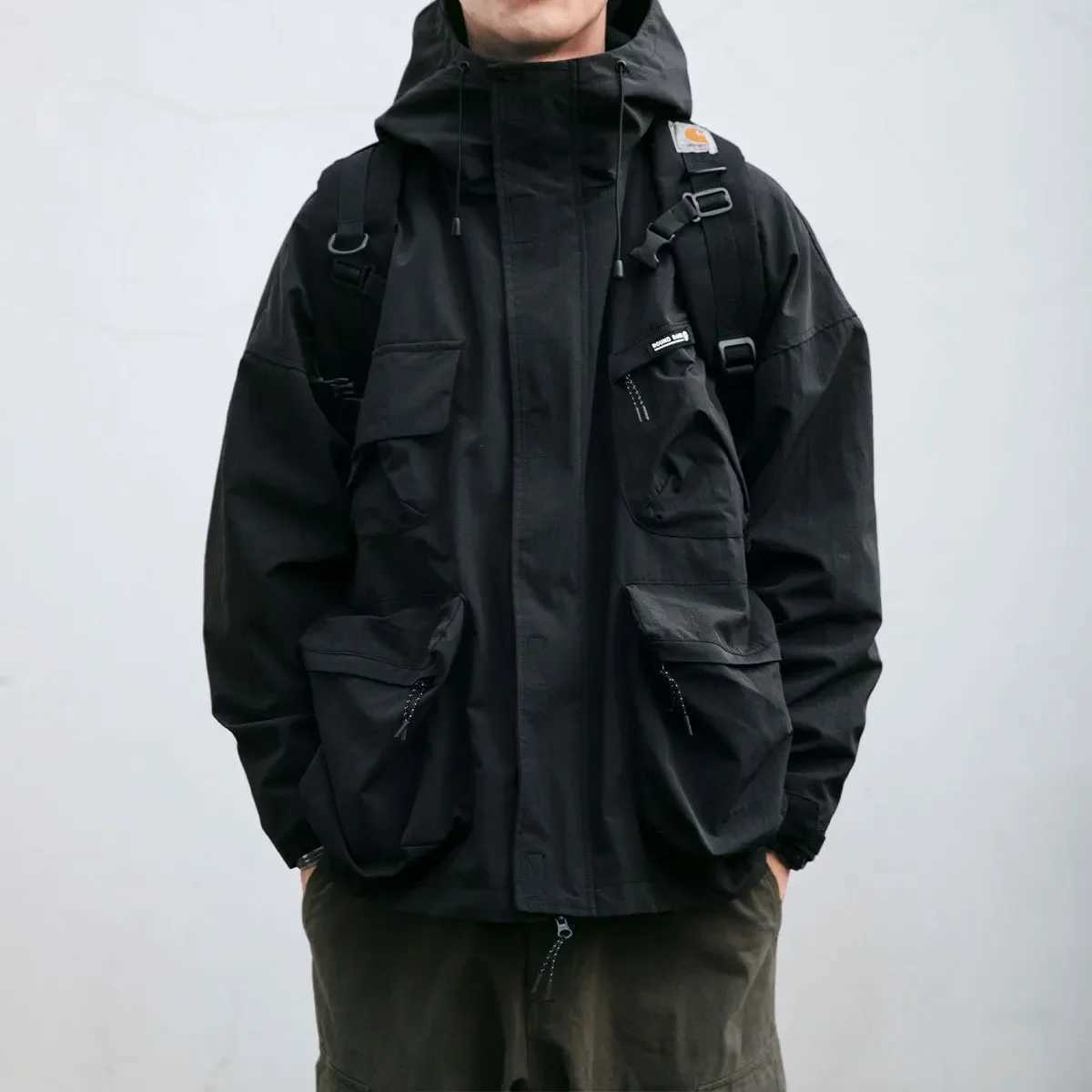 Trendy Autumn Winter Hooded Jacket Mens Loose-fit Windproof Casual Workwear Clothing PocketsT250311