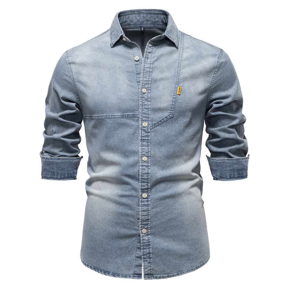 2025 Spring New Product European Casual Solid Color Men's Long Sleeve Denim Shirt Men