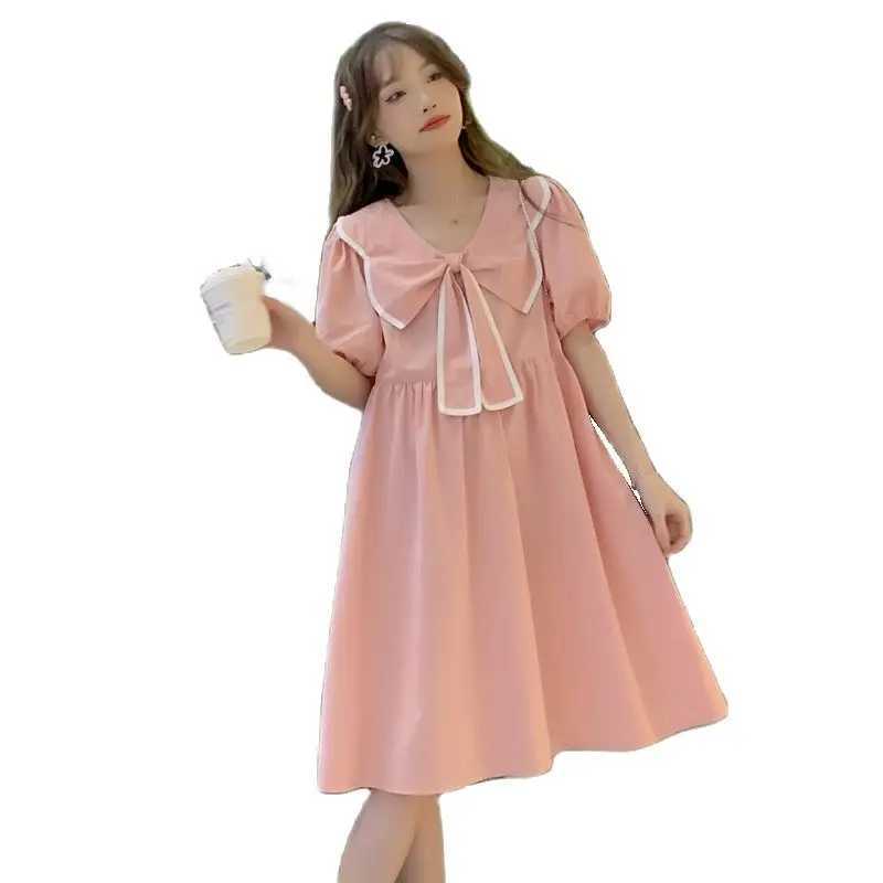 2024 Summer Maternity Dress Sweet Bow Big Lapel Clothes for Pregnant Women Fashion Short Sleeve A Line Loose Pregnancy DressesT250311