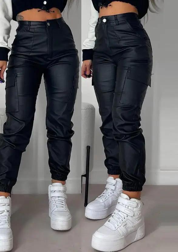 Womens Cargo Pants 2023 Fashion Street Trends Pocket n Cuffed Y2k Tight PU Leather Trousers Autumn High Waist Pant Female 250305