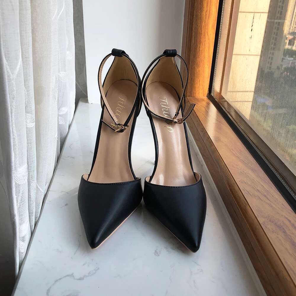 High Heel Tikicup Black Matte Women Ankle Strap Pointy Toe High Heel Shoes Summer Elegant Ladies D Orsay Stiletto Pumps Color Customize