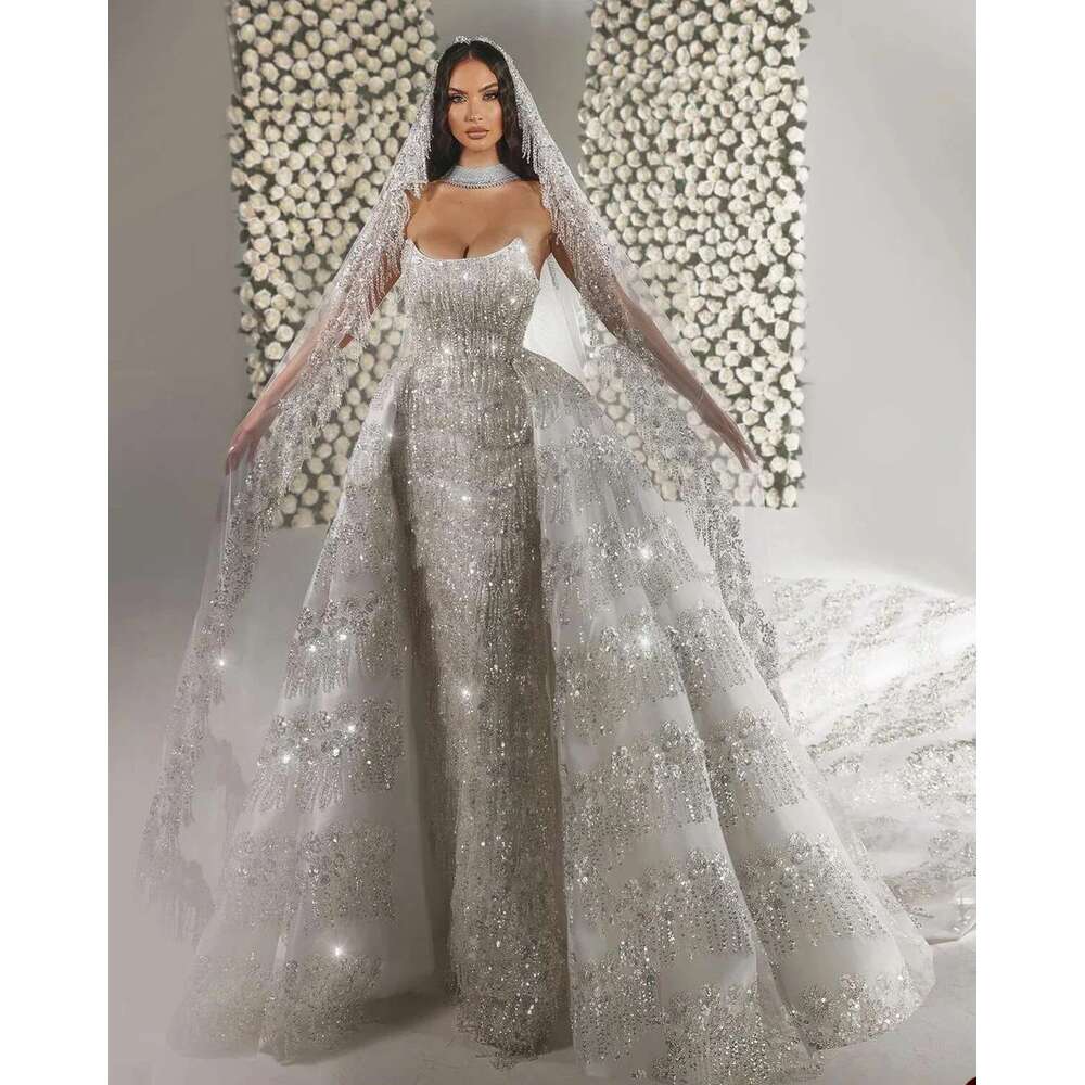Exquisite Strapless Mermaid Dress, Bright Sleeveless Beading Lace Sequins Trumpet Bridal Dresses