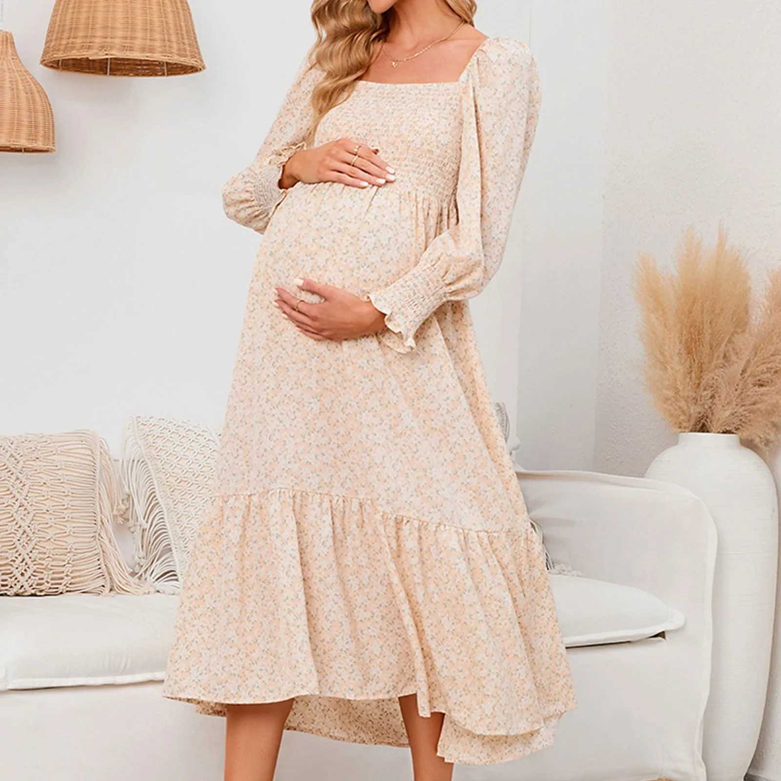 Women Support Belly Spring Pregnant Chiffon Dress Small Floral Dress Long Sleeved Dress Pregnants Holiday Party Dresses WomenT250311