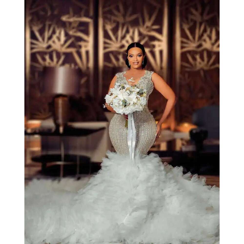 the crystal mermaid female bright beads v neckline dresses plus size ruffles custom wedding dress