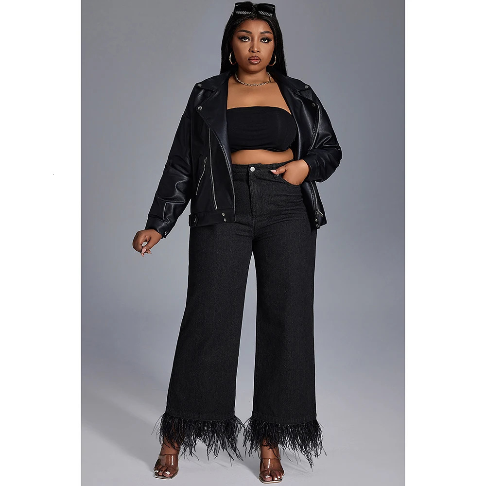 Plus Size Womens Jeans Daily Jean Black Casual High Waist Straight Feather Button Fashion 250311