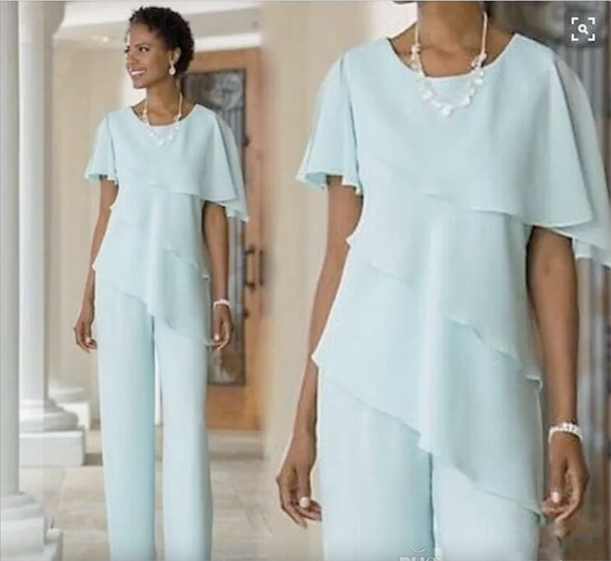 2025 New Mint Mother of the Bride Dresses Wedding Guest Dress Silk Chiffon Short Sleeve Tiered Mother of Bride Pant Suits Custom Made