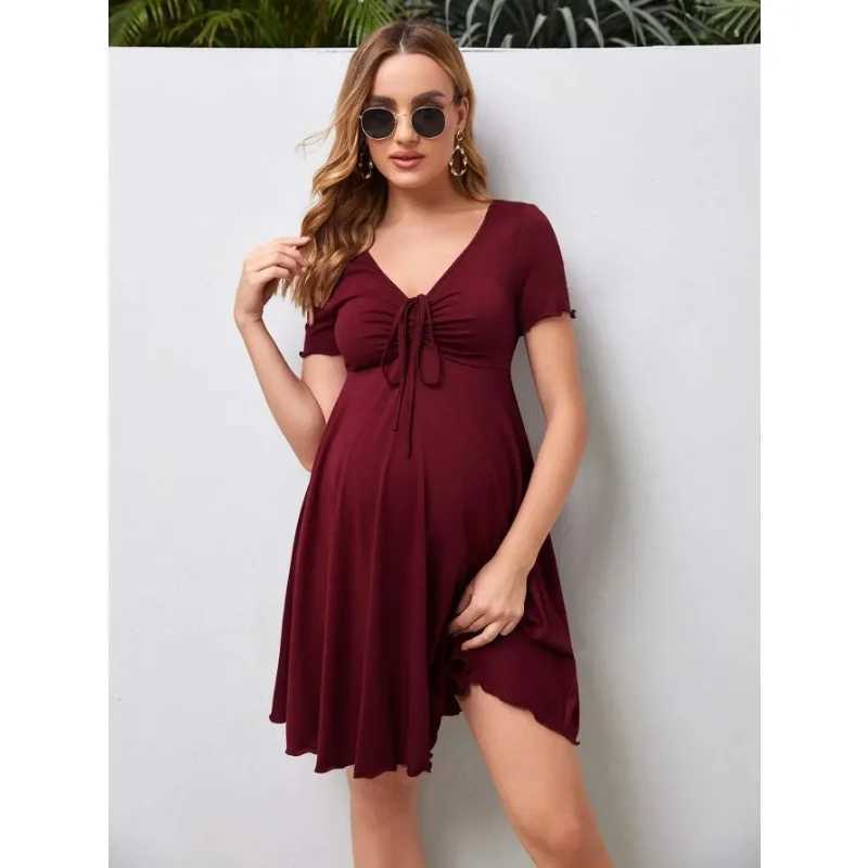 Maternity Clothes Solid Drawstring Dress Skirt Summer Casual Pregnant Women Short Sleeve V-Neck Dress Vestido Pregnancy ClothingT250311
