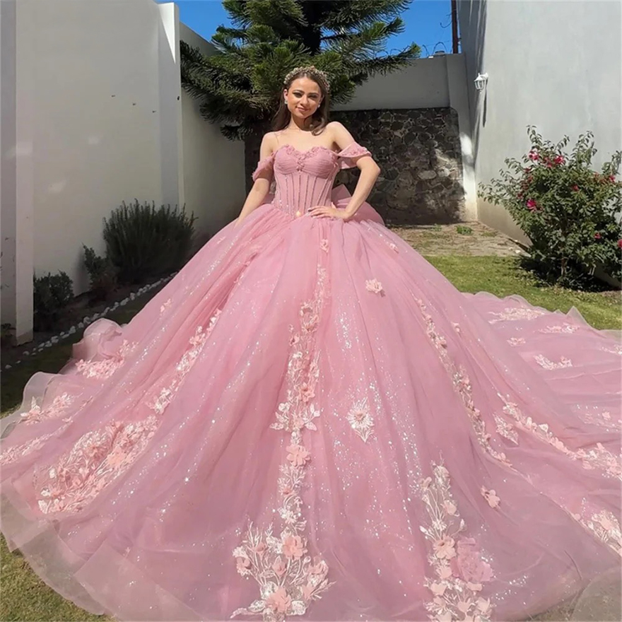 Romantic Sweetheart Pink Shiny Quinceanera Dress Party Gown Princess Lace Appliques Beads Crystal Off The Shoulder For 16 Year
