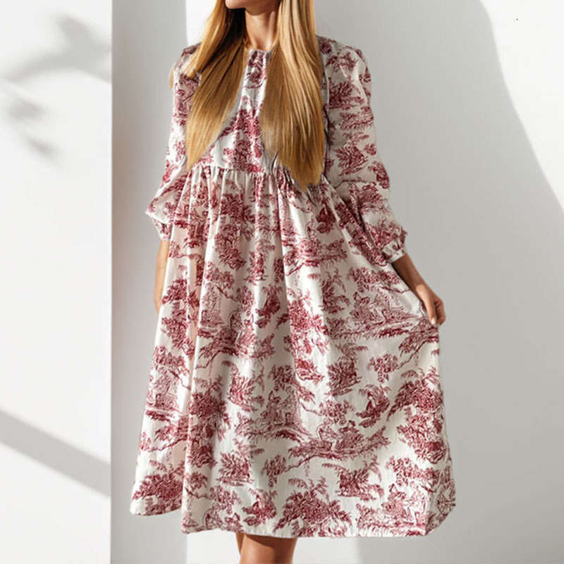 2025 Women's Fashion New Printed Skirt Elegant Lantern Sleeve V-Neck Big Swing Dress KLMY