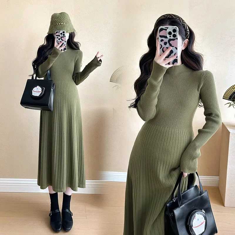 Fashionable Slimming Knit Maternity Dress 2024 Medium-length New Style Korean Version For Pregnant WomenT250311