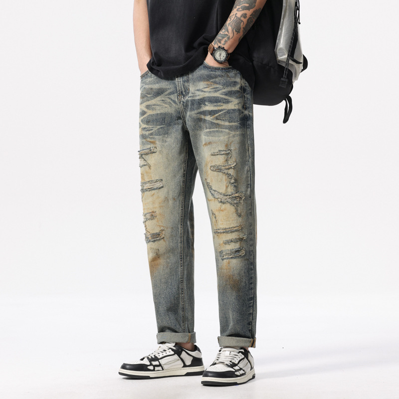 2025 Fashion Designer High Quality Jeans Light Luxury Brand Washed New Loose Contrastive Color Splash Ink Men s Casual Pants Hip Hop Skateboarding Pan