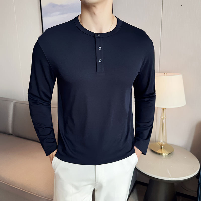 Henry collar long sleeved base shirt men's T-shirt elastic round neck autumn and winter interior casual trendy top solid color polo