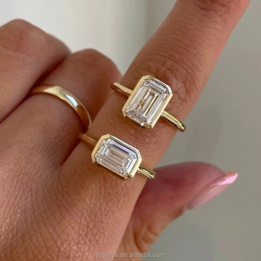 Customization Bezel Ring GRA Moissanite 14K Yellow Solid Gold Fashion Design Jewelry Wedding Ring Women Fine Rings