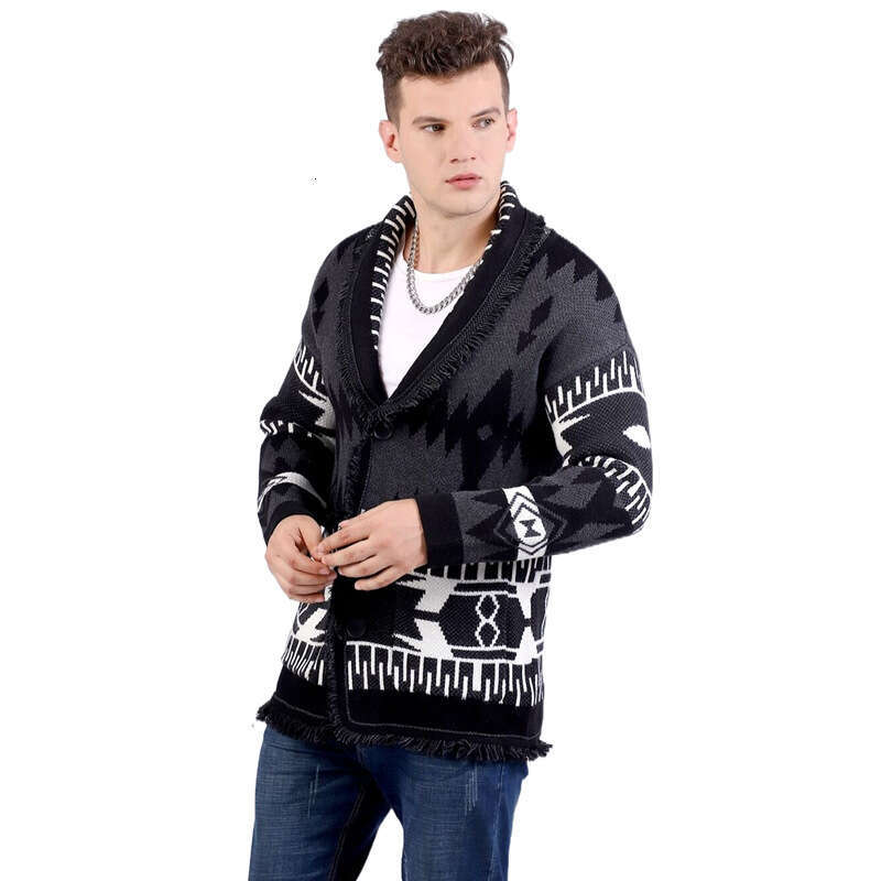 Australian New Jacquard Sweater Cardigan Autumn And Winter Classic Black Gray Lapel Ethnic Style Knitted Jacket