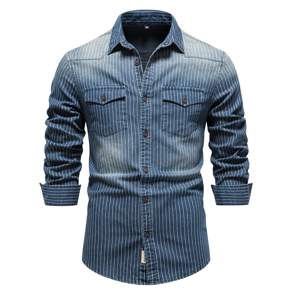 fashion High-Quality Heavy-Duty Washed And Worn Striped For Men, Men's Long Sleeved Denim Shirt