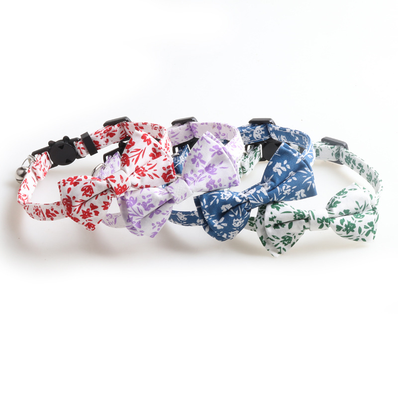 Cat Collar with Bow Tie Bell Breakaway Kitten Small Pet Safety Solid Color and Small Floral Combination Cat Collar Suede Soft Adjustable Tie for Weddi