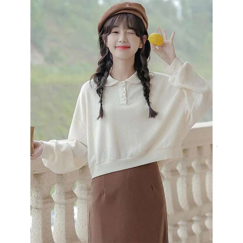 Femme Spring Summer Fashion Simplicity Button Solid Color Turn-Down Collar Sweatshirts All-Match Young Style Loose Long Sleeve