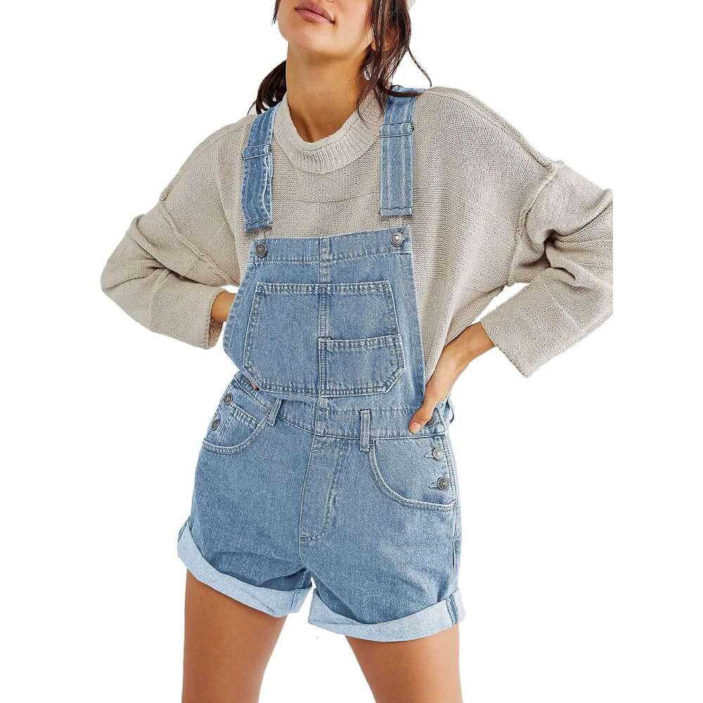 Loose fitting multi pocket shoulder strap jeans from Europe America, women's 2025 new style, chic and elegant clothing