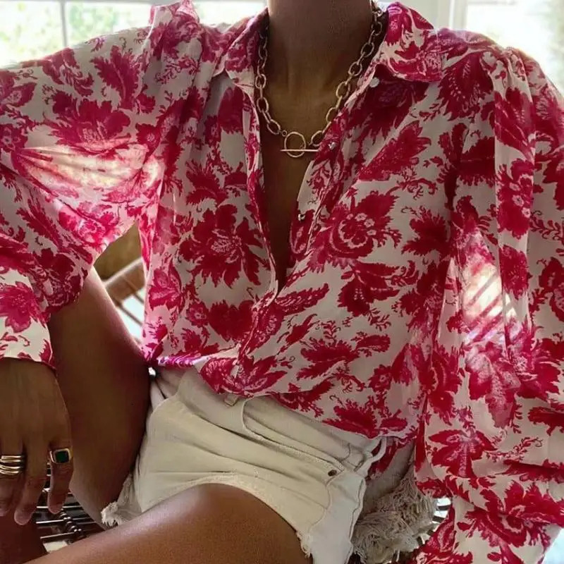 Stylish Long Sleeve Floral Print Chiffon Shirts Women Elegant Loose Blouse Button Up Casual Lady Blouses Vintage Tops 8638 250310