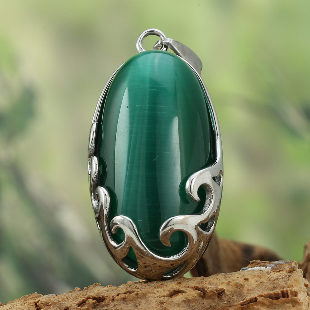 Fashion Stainless Steel Cat Eye Stone Egg Shaped Pendant Necklace Sweater Chain