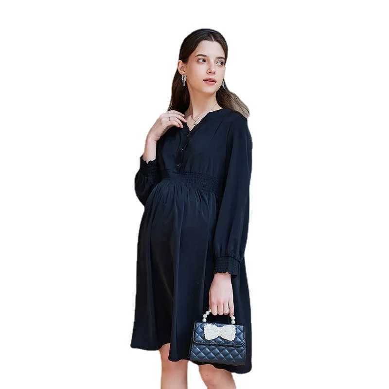 2025 New Solid Summer Women Maternity Clothing Long Sleeve High Waist Ruffle Female Pregnant Breathable Polyester Adult DressesT250311