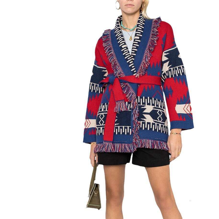 Minority Bohemian Ethnic Style Cardigan Sweater With Contrasting Jacquard Mid Length Tassel Jacket
