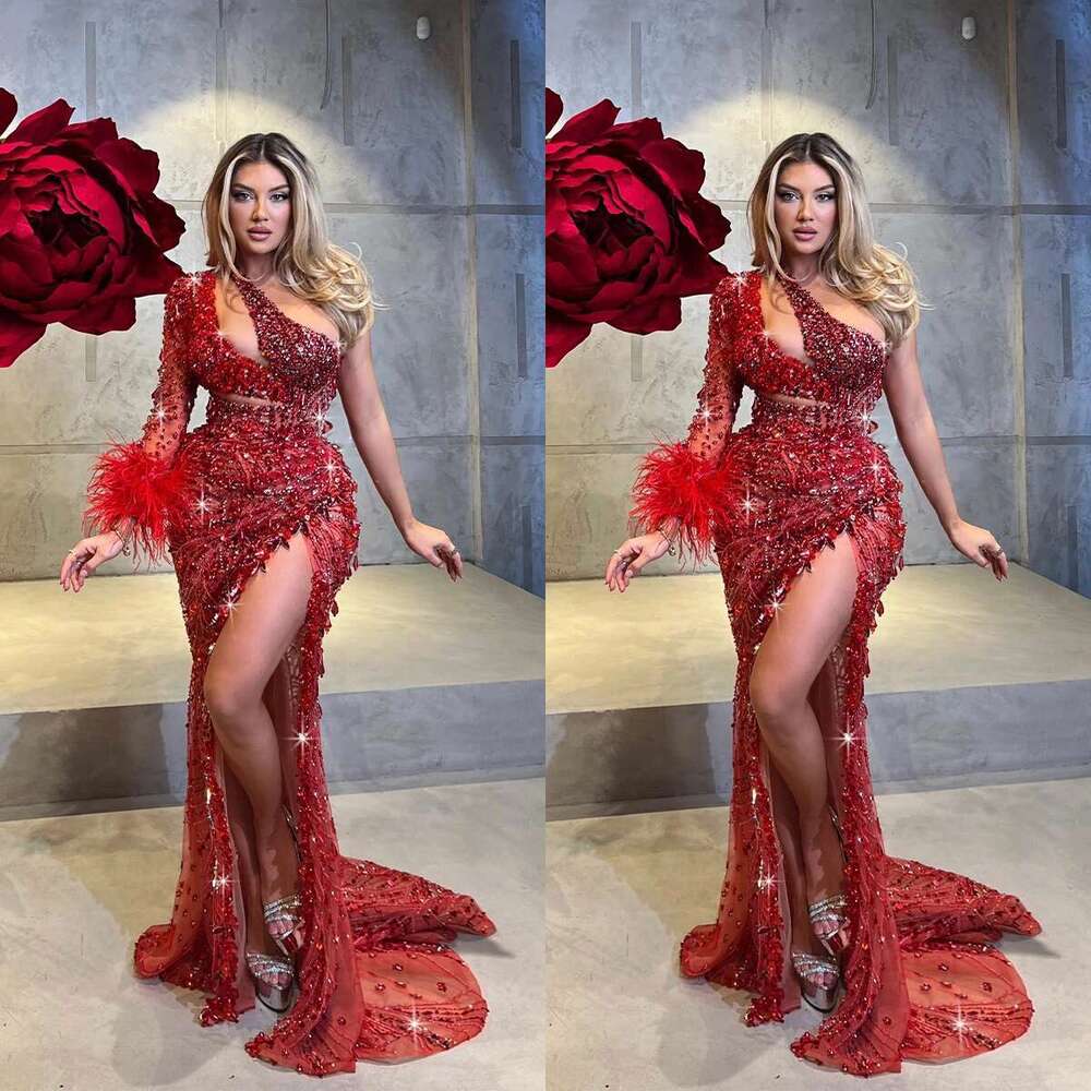 Side Rhinestone Mermaid Night Dresses Fashion One Shoulder Sequins High Slit Ball evening Gowns Custom Feather Formal Occasion
