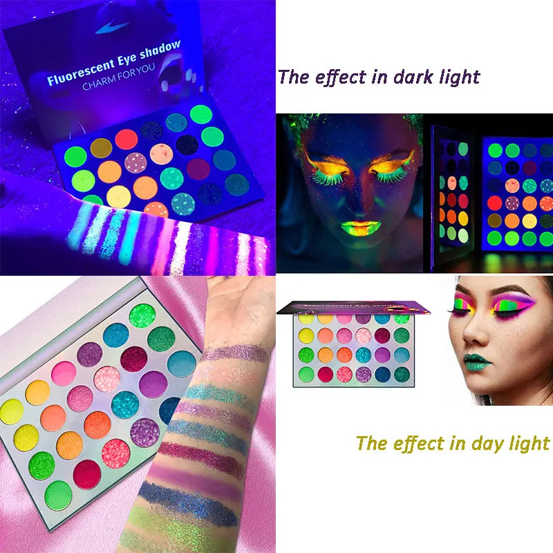 Blacklight UV Glow in Dark Fluorescent Eyeshadow Palette Stage Clubbing Neon Makeup Palette 24Colors Pigment Luminous Eye Shadow 250306