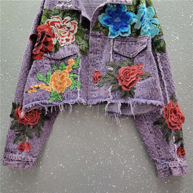 Wind 2024 Spring New Design Sense Heavy Industry Three Dimensional Flower Hairy Short Casual Cowboy Jacket Women's Trendy