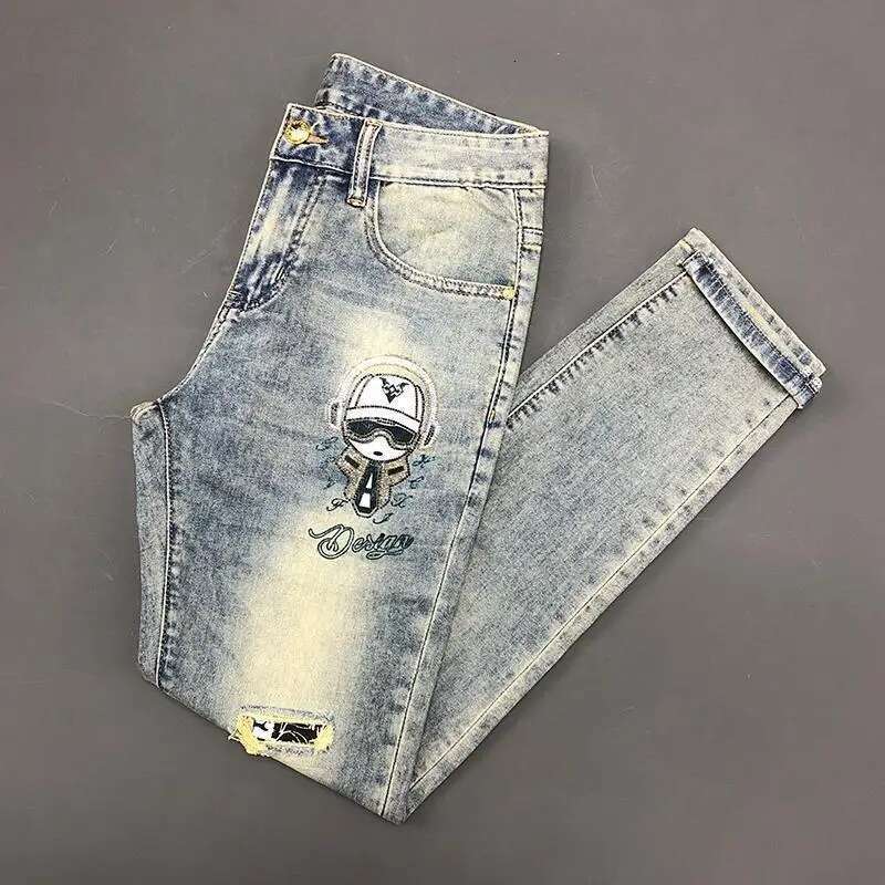 2025 Spring summer Casual Pants Slim Fit Denim Men's Pants With Patch Holes And Printed Denim Fashion Designer Men s Jeans Outdoor Sports Pants